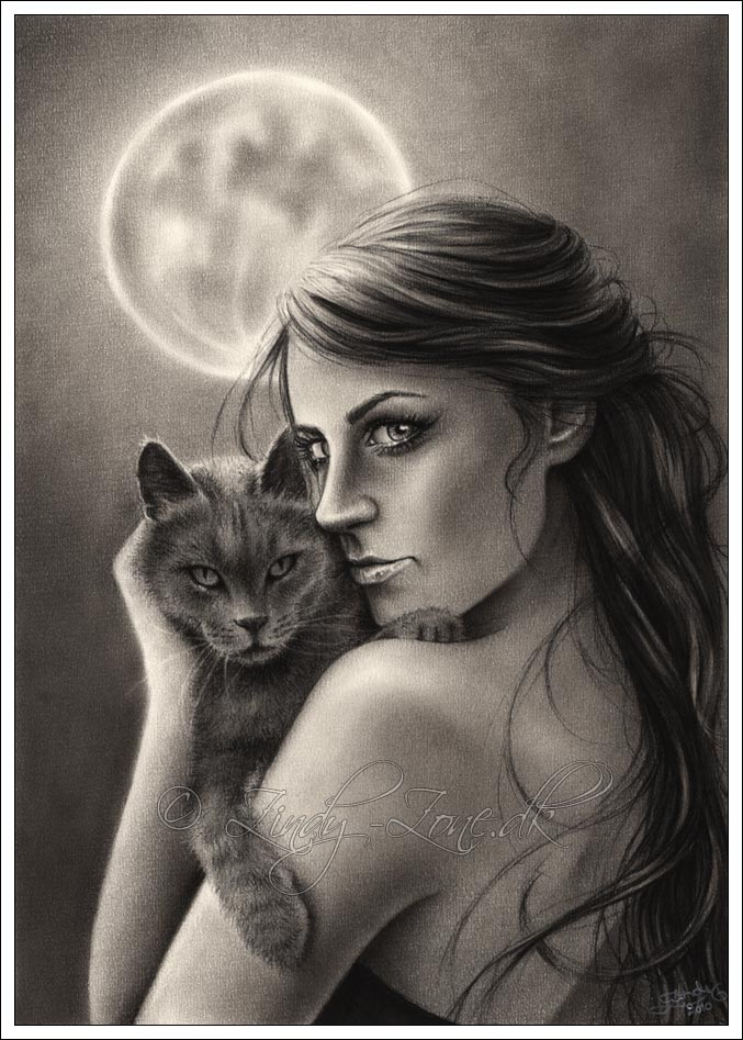 Moonlight Girl with kitten by Zindy S. D. Nielsen