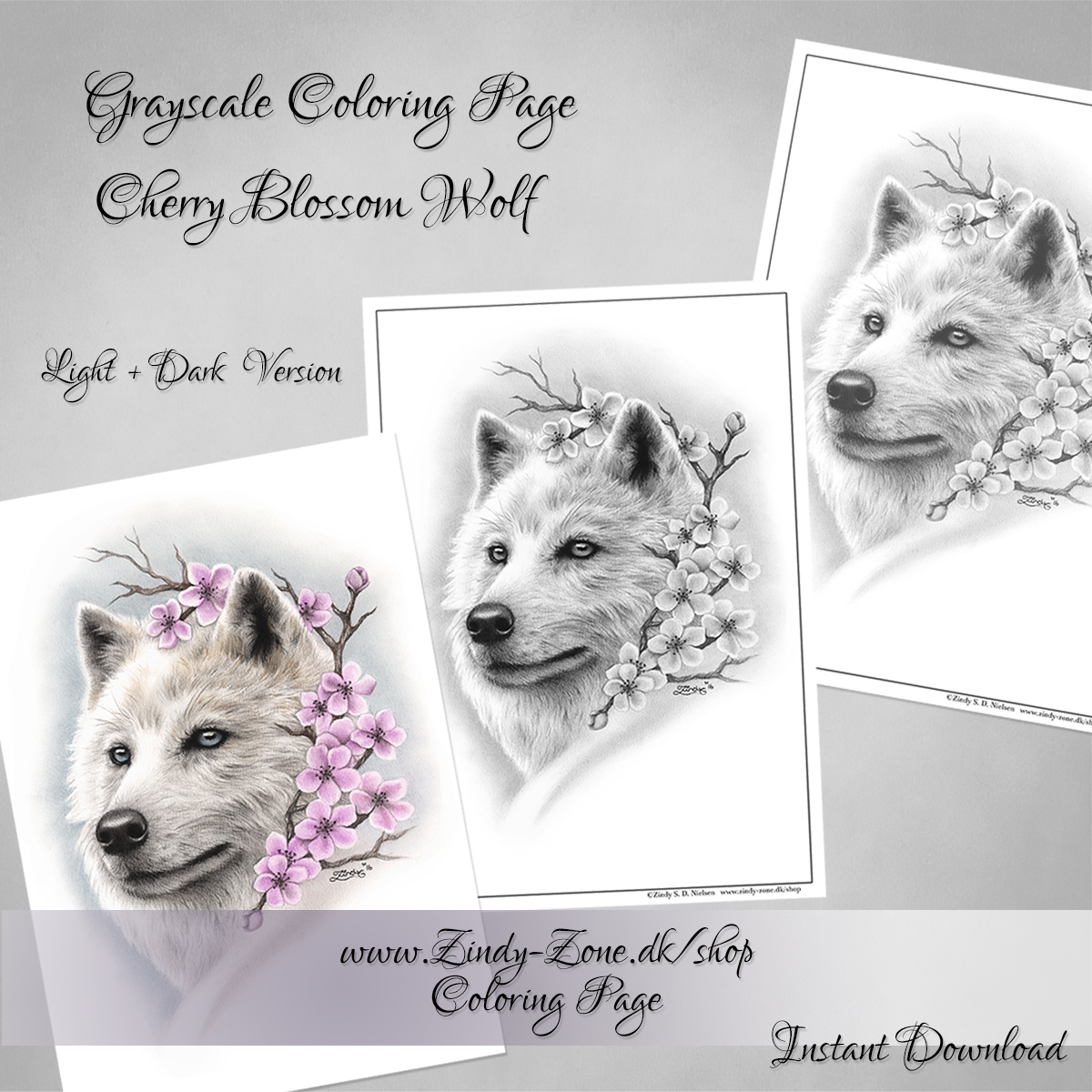 Cherry Blossom White Wolf Coloring Page - Grayscale