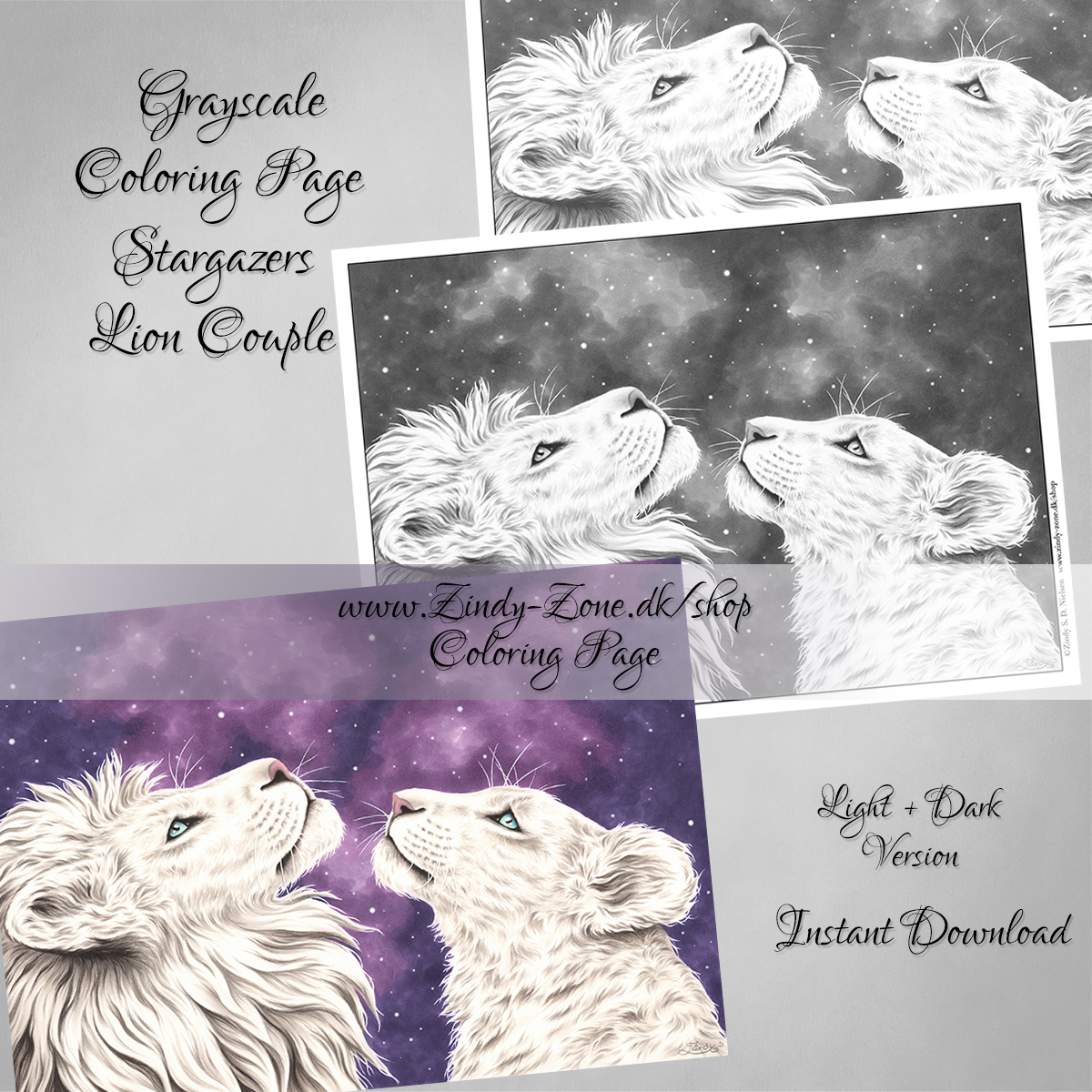 Stargazers Lion Couple Coloring Page - Grayscale